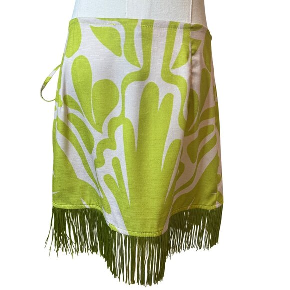 2/$30 NWT 4 Chartreuse Green Fringe Mini Wrap Skirt Abstract Pattern By PrettyLi - Picture 5 of 16